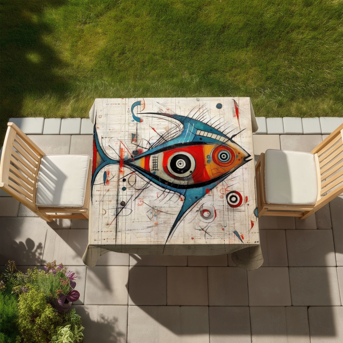 Picture of Begin Home Decor C1TC58587UTHRN 58 x 58 in. Abstract Fish Blue Tablecloth for Indoor & Outdoor Home Decor