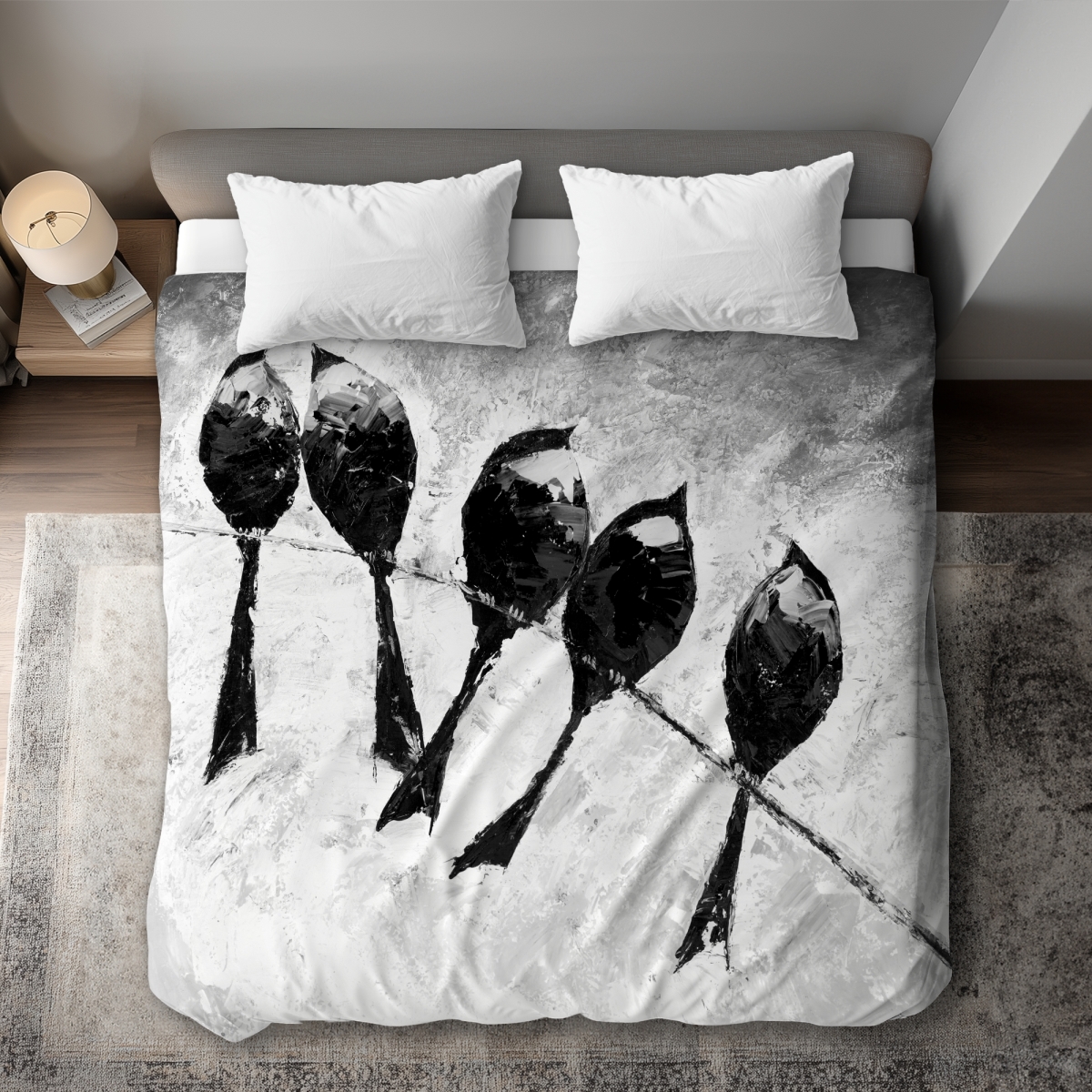 C1DCKSW0HT23L9 Five Birds Perched Office Black King Size Duvet Cover - Home Decor