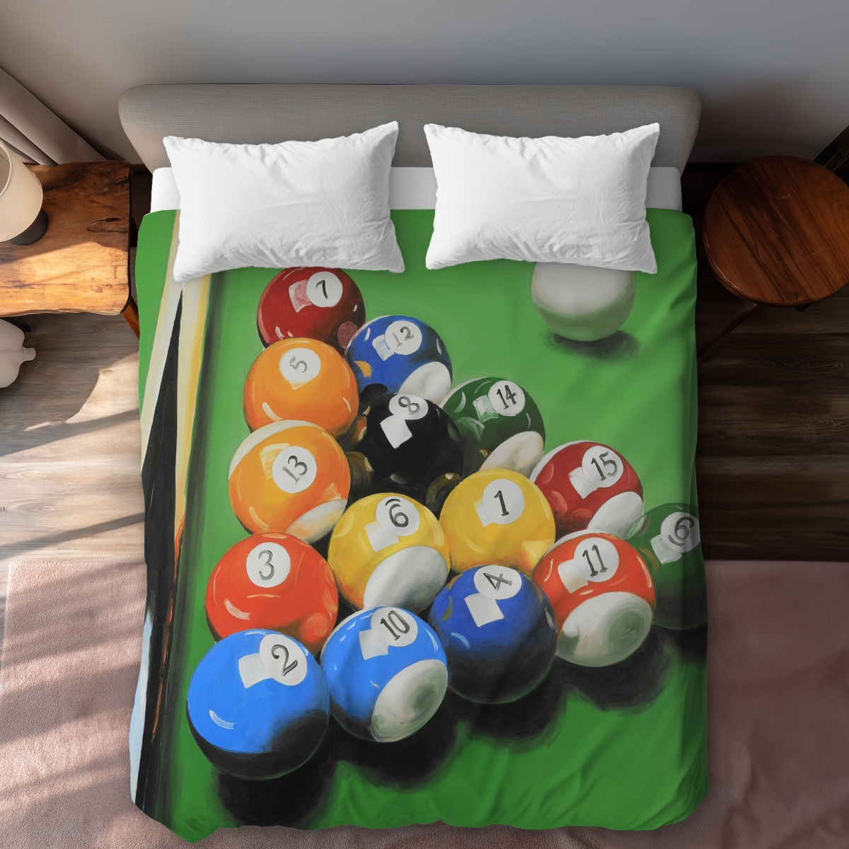 C1DCQSW0L6LEID Pool Table with Ball Formation - Typo Man Cave Queen Size Duvet Cover