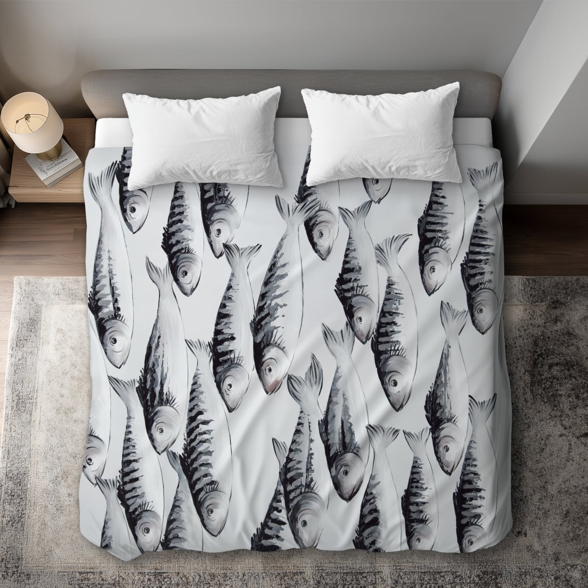 C1DCKSW0DVOOJD Gray School of Fish King Size Duvet Cover - Aquatic Animals Home Decor