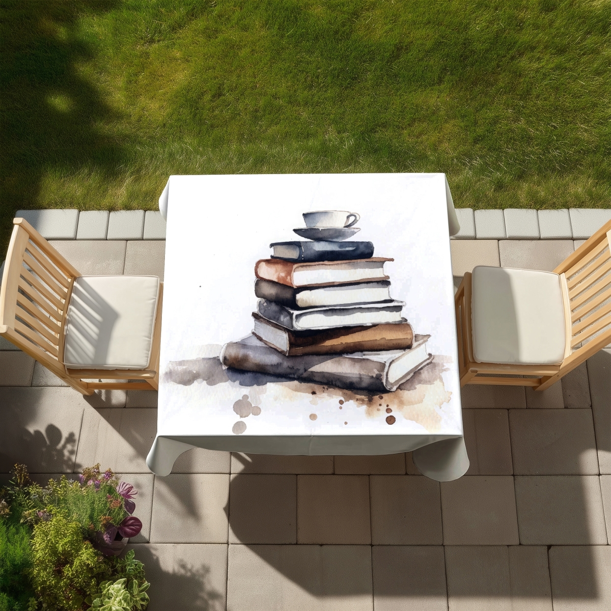 Picture of Begin Home Decor C1TC5858LPOLKE 58 x 58 in. Caffeinated Books Blue Tablecloth - Indoor & Outdoor Home Decor
