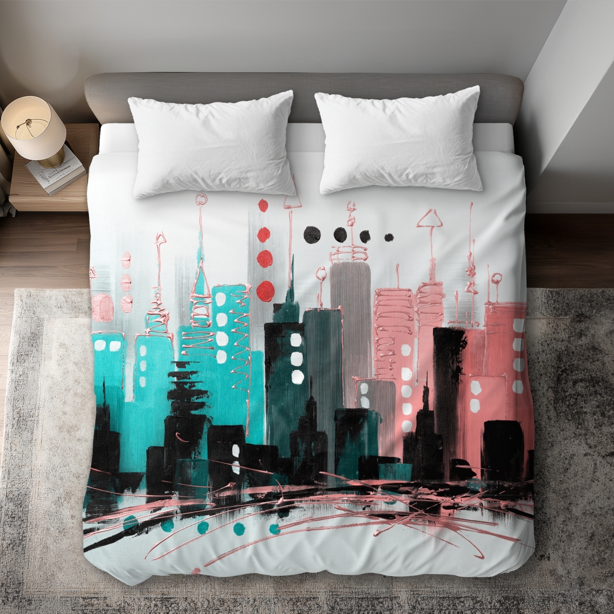 C1DCKSW0QRLLRN Cityscape Rose Gold Turquoise King Size Duvet Cover for Home Decor