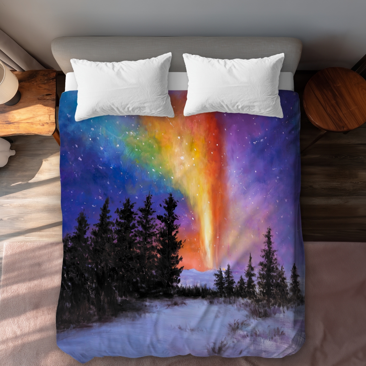 C1DCQSW0KN3TH5 Aurora Borealis Forest Queen Size Duvet Cover - Black Trees Decor