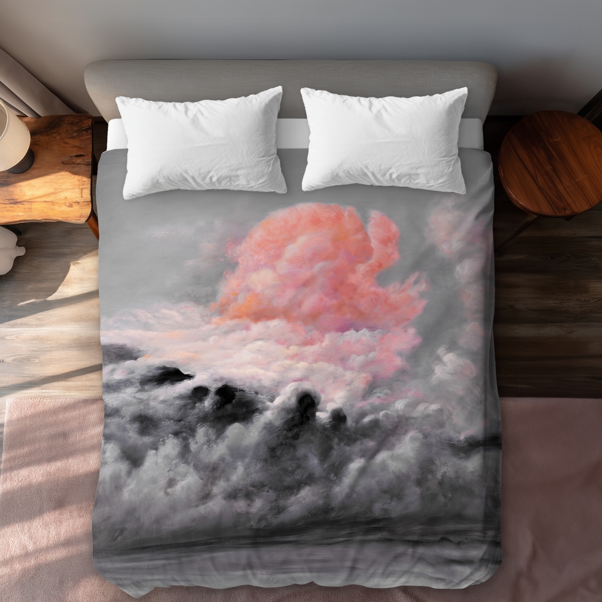 C1DCQSW0FVRSEC Pink Clouds Gray Modern Queen Size Duvet Cover - Home Decor