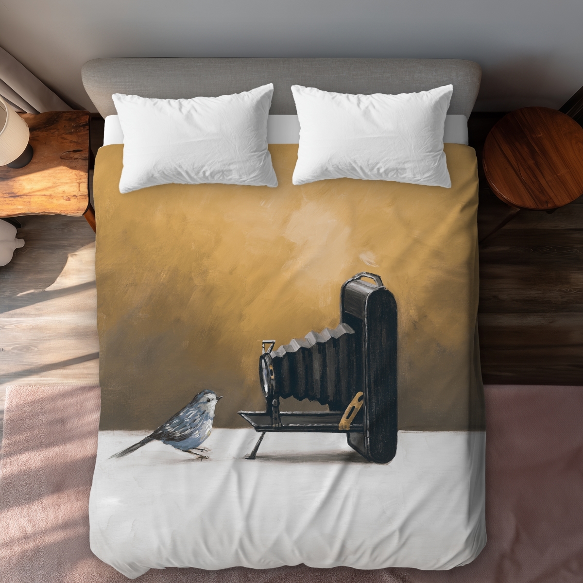 C1DCQSW0HGL3QJ Old Camera with Bird - Rustic Office Queen Size Duvet Cover - Home Decor