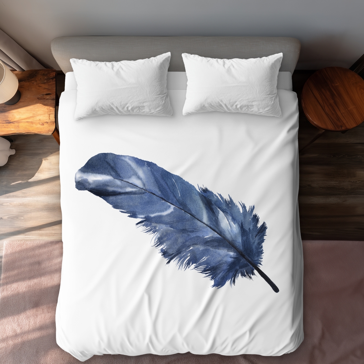 C1DCQSW06I7LA4 Blue Feather Queen Size Duvet Cover - White Back Home Decor