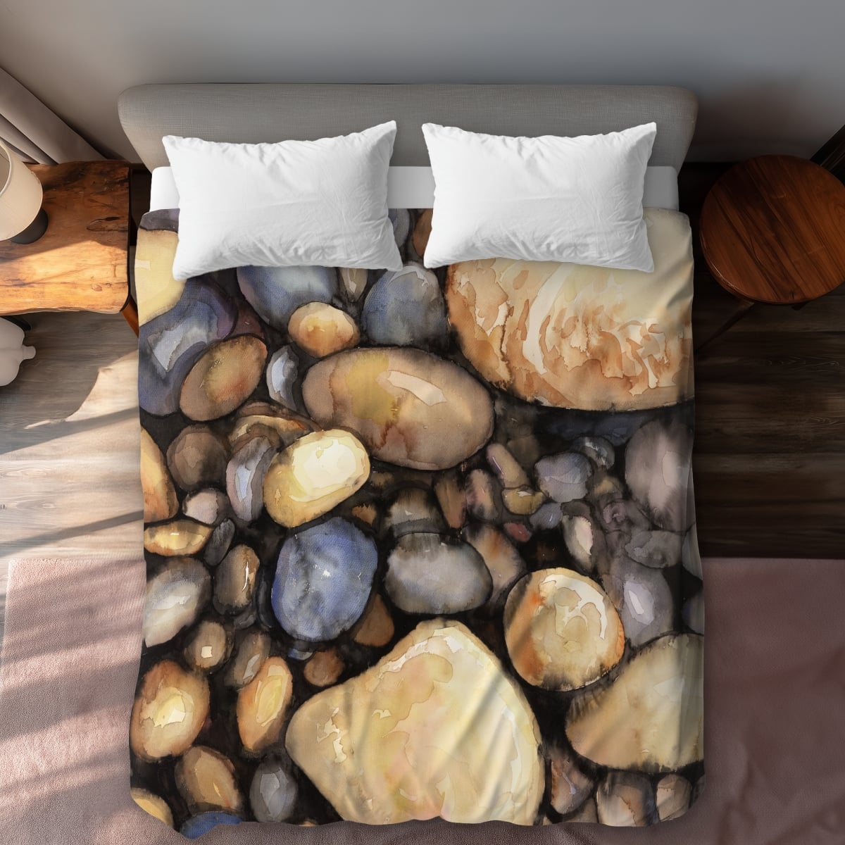 C1DCQSW0354QPY Small Pebbles Office Blue Queen Size Duvet Cover - White Back