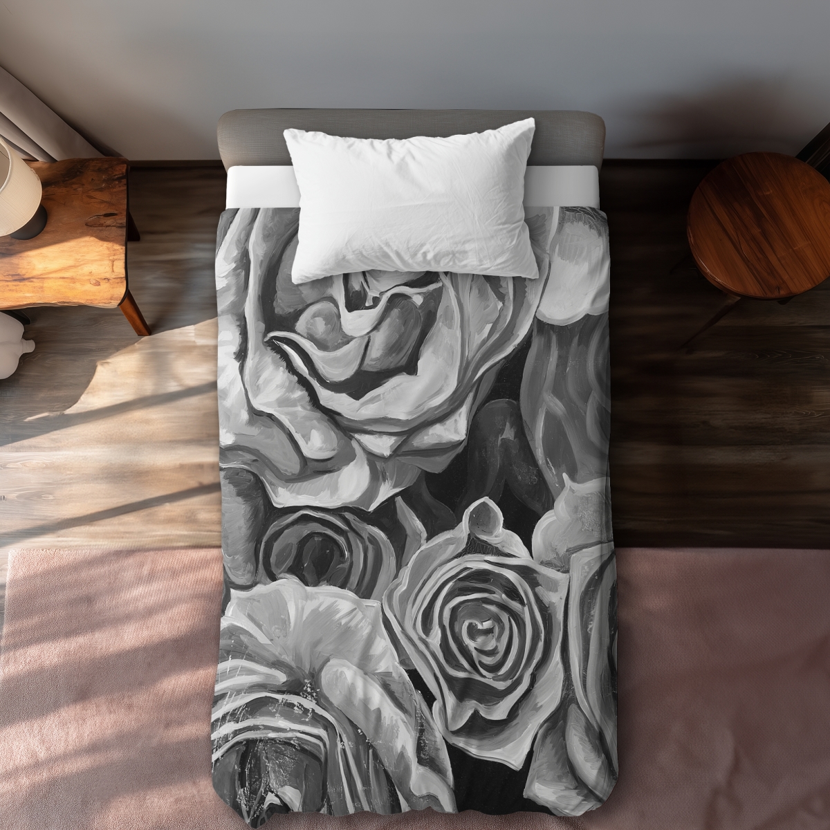 C1DCTXLWL8T8LW Grayscale Roses Romantic Black Twin Size Extra Long Duvet Cover - Home Decor