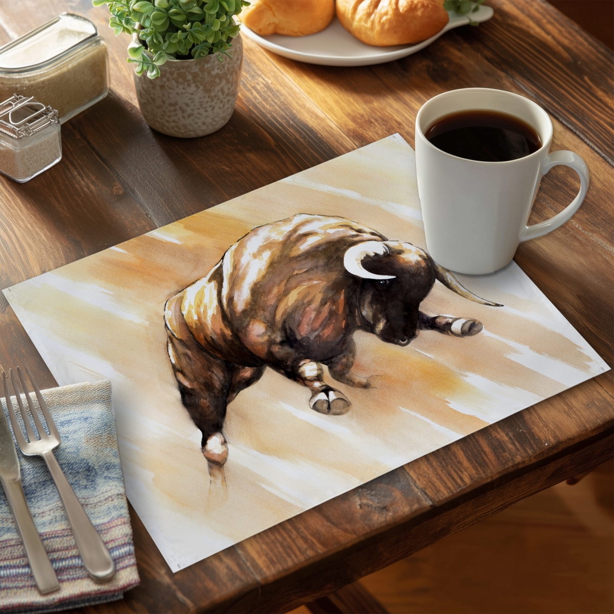 Picture of Begin Home Decor CPPM1418RTG6UA 14 x 18 in. Bull To Attack Farm Animal Placemat - Polyester Home Decor