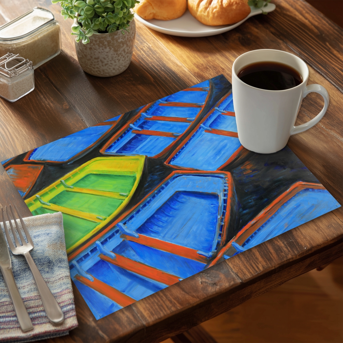 Picture of Begin Home Decor CPPM141800QGHJ 14 x 18 in. Blue Boat Bedroom Placemat - Small Canoes Home Decor