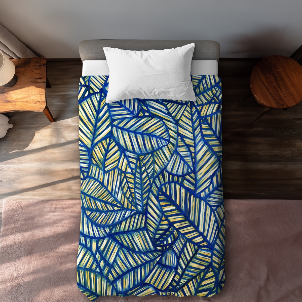 C1DCTXLWGUJFRU Blue Leaf Patterns Twin Size Extra Long Duvet Cover - Illustrative Home Decor