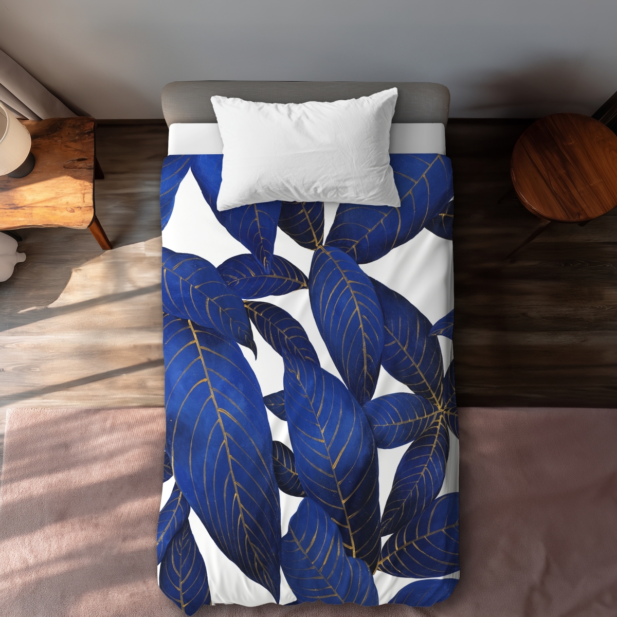C1DCTXLWIL6YCF Abstract Modern Blue Leaves Twin Size Extra Long Duvet Cover - Floral Bedroom Decor