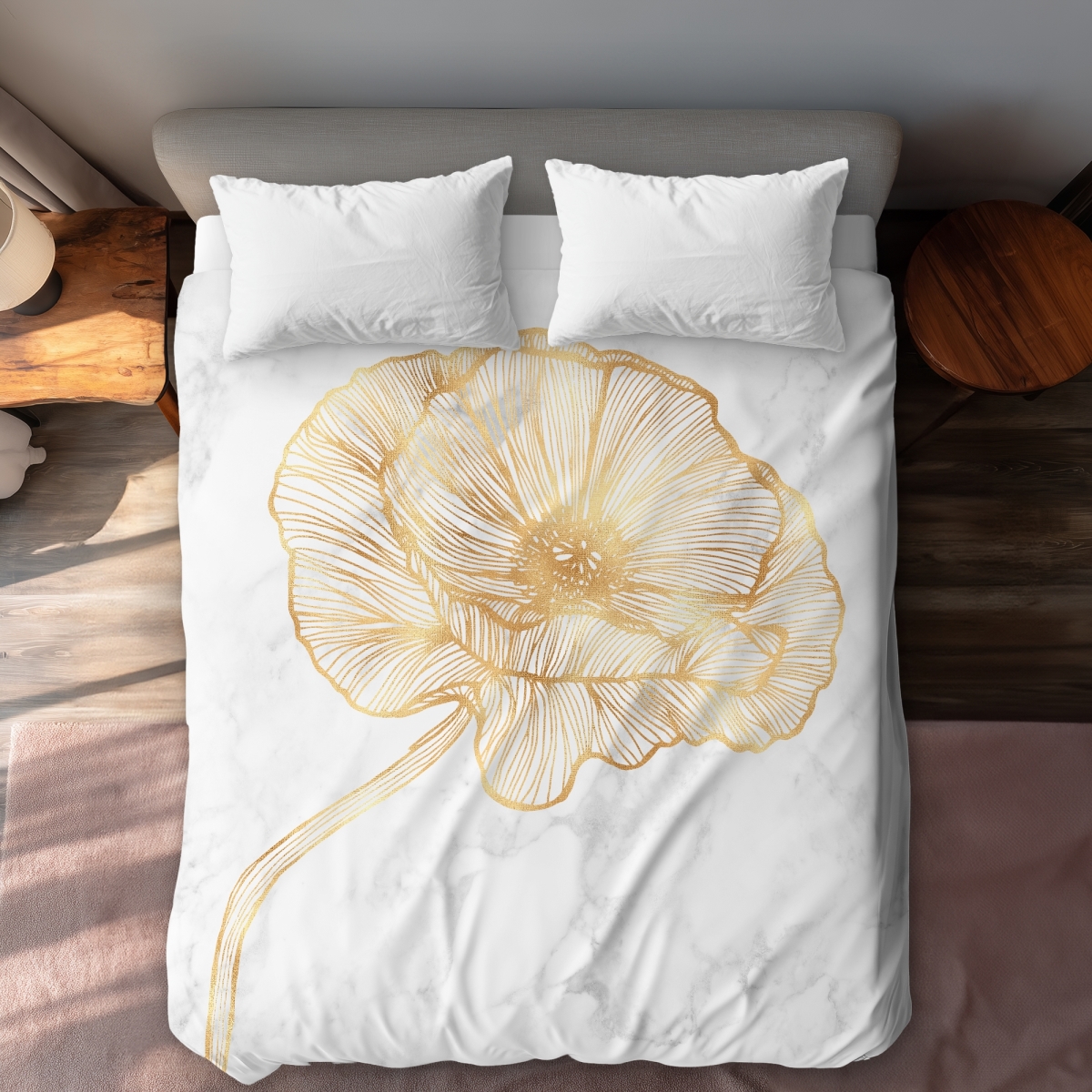 C1DCQSW0J6MG3J Golden Poppy Flower Queen Size Duvet Cover - White Floral Home Decor