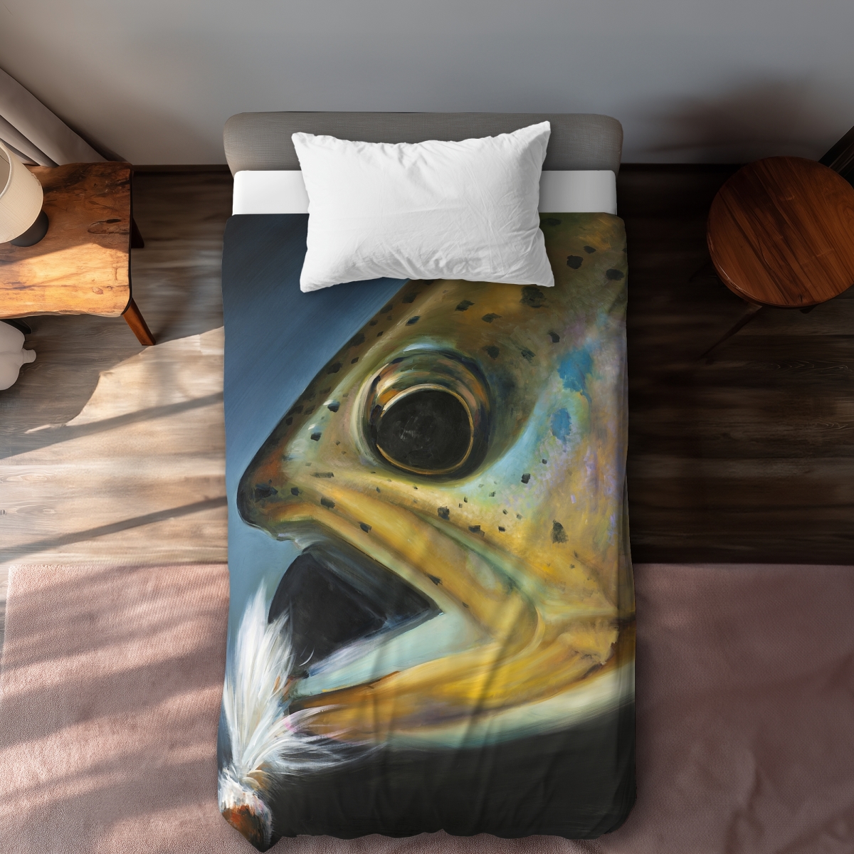 C1DCTXLWSPIKCV Golden Trout Fly Fishing Flie Twin Size Extra Long Duvet Cover - Rustic Man Cave Decor
