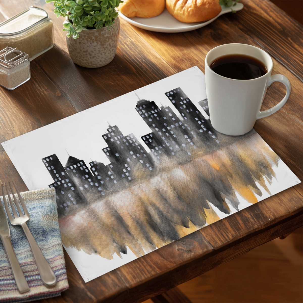 Picture of Begin Home Decor CPPM1418OJMPYB 14 x 18 in. Yellow Watercolor Cityscape Placemat - Bedroom Decor Polyester