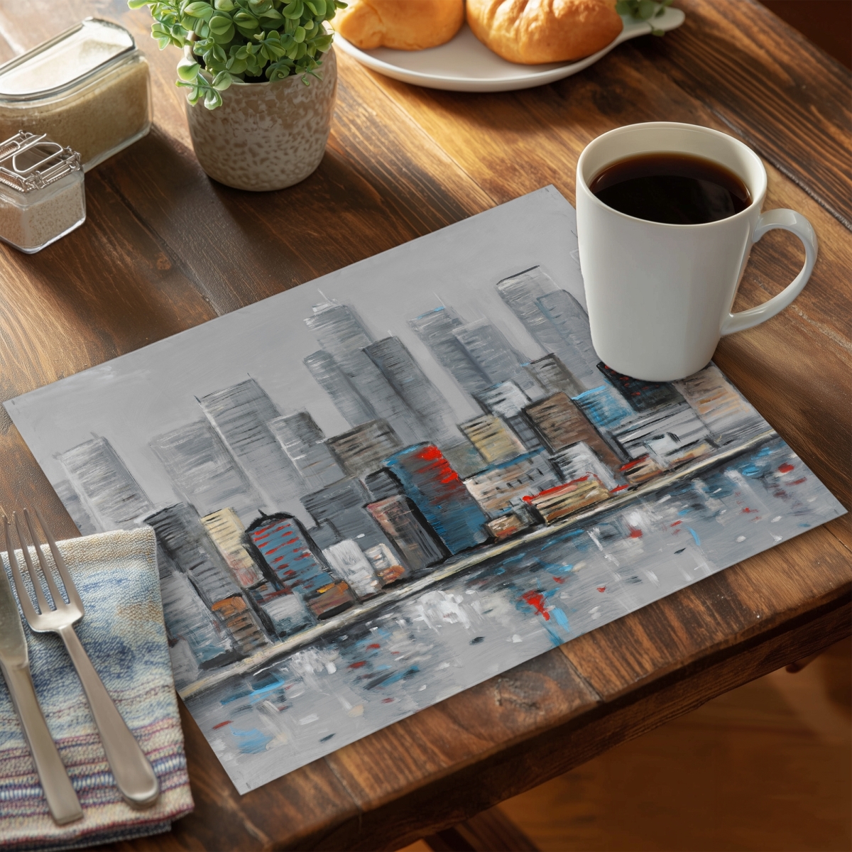 Picture of Begin Home Decor CPPM1418POYI3C 14 x 18 in. Abstract City Skyline Placemat - Blue Cities Home Decor