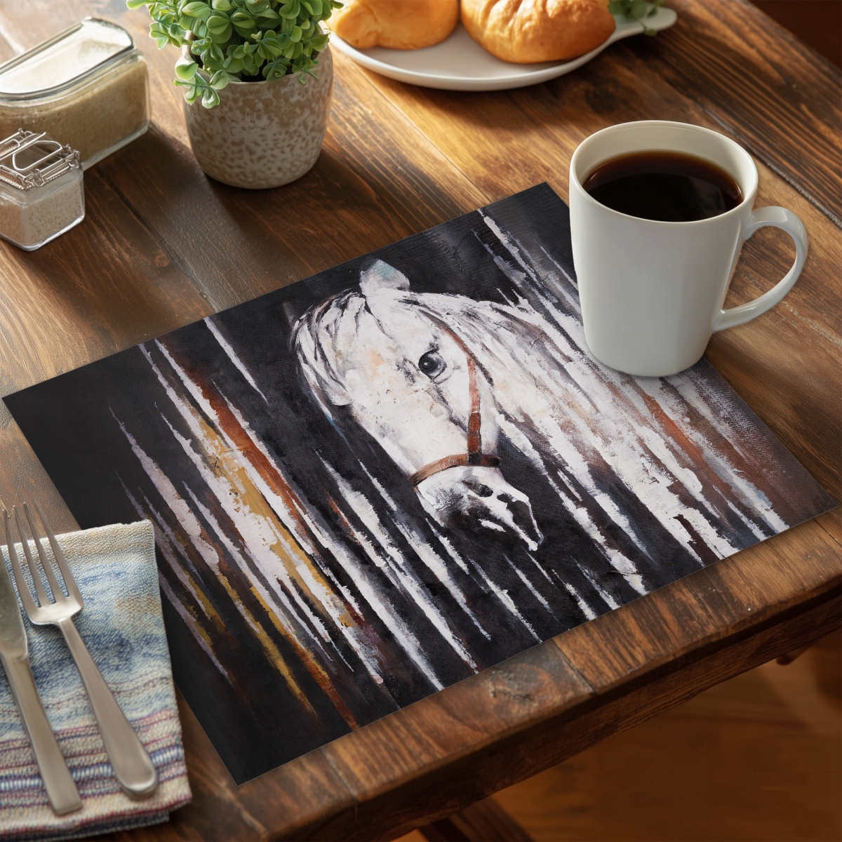Picture of Begin Home Decor CPPM1418B68GPX 14 x 18 in. Rustic Bedroom Placemat - White Horse in Dark Decor