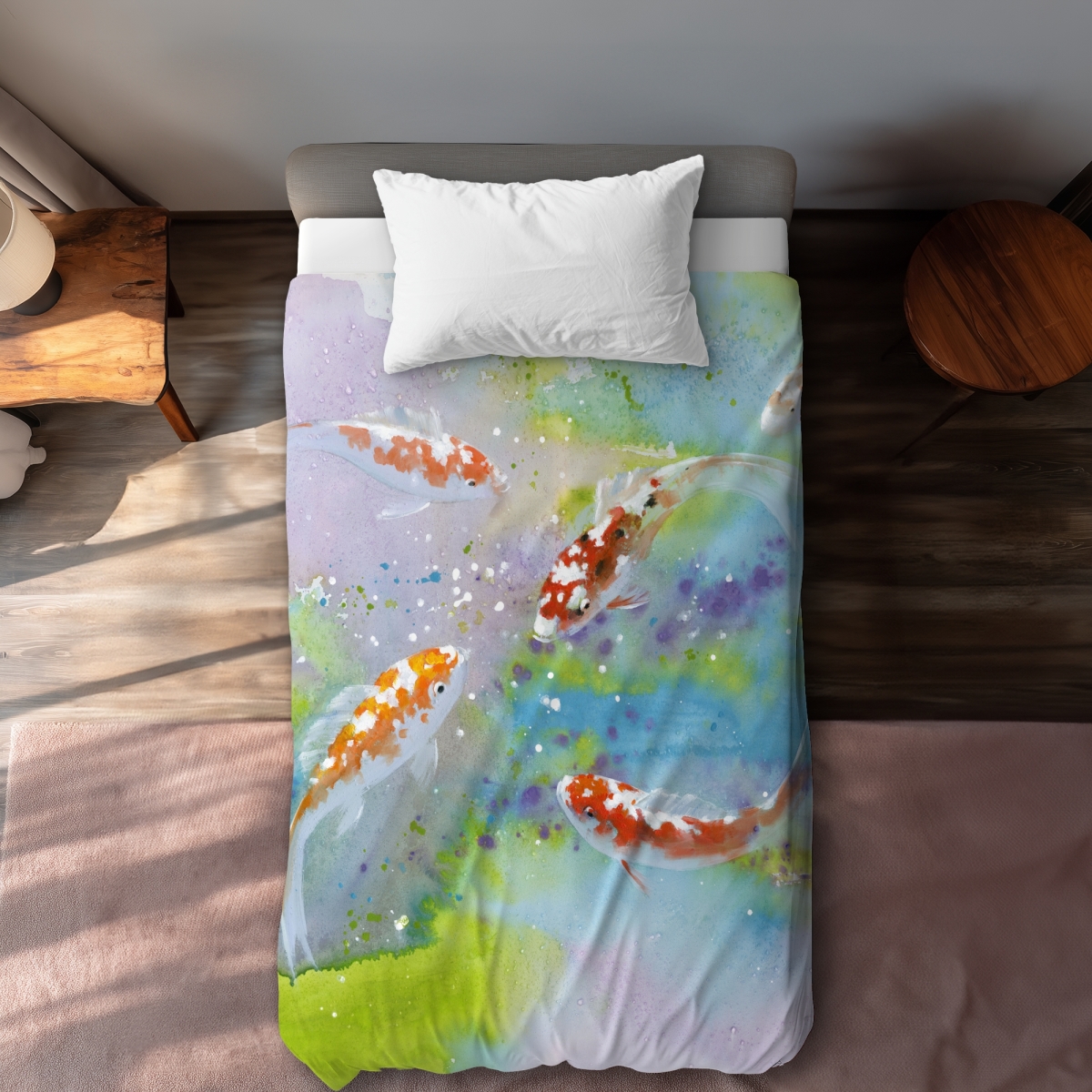 C1DCTXLWBVASJ2 Four Koi Fish Swimming White Exotic Twin Size Extra Long Duvet Cover - Home Decor