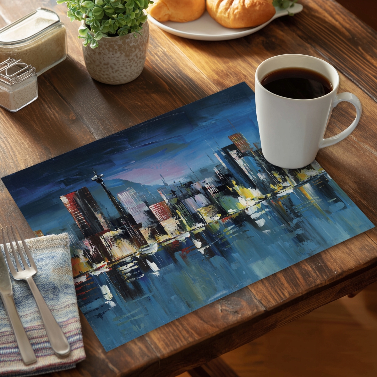 Picture of Begin Home Decor CPPM14187CIEGE 14 x 18 in. Abstract Blue Cityscape Night Polyester Placemat - Home Decor