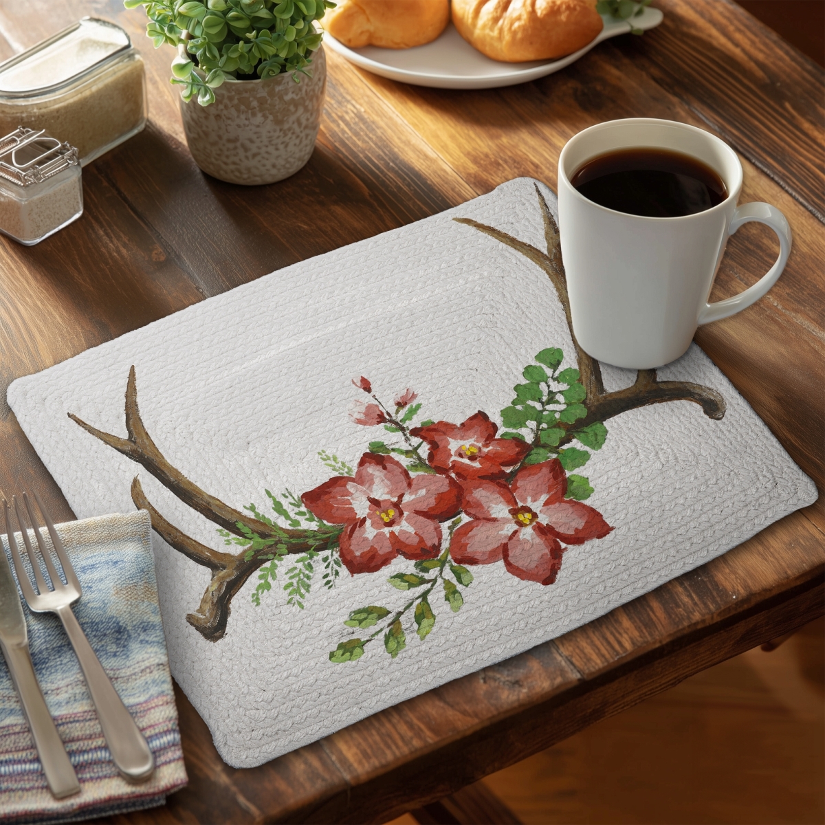 Picture of Begin Home Decor CBPM1418YY0PGF 14 x 18 in. Deer Horns & Flowers Brown Deer Braided Placemat - Home Decor