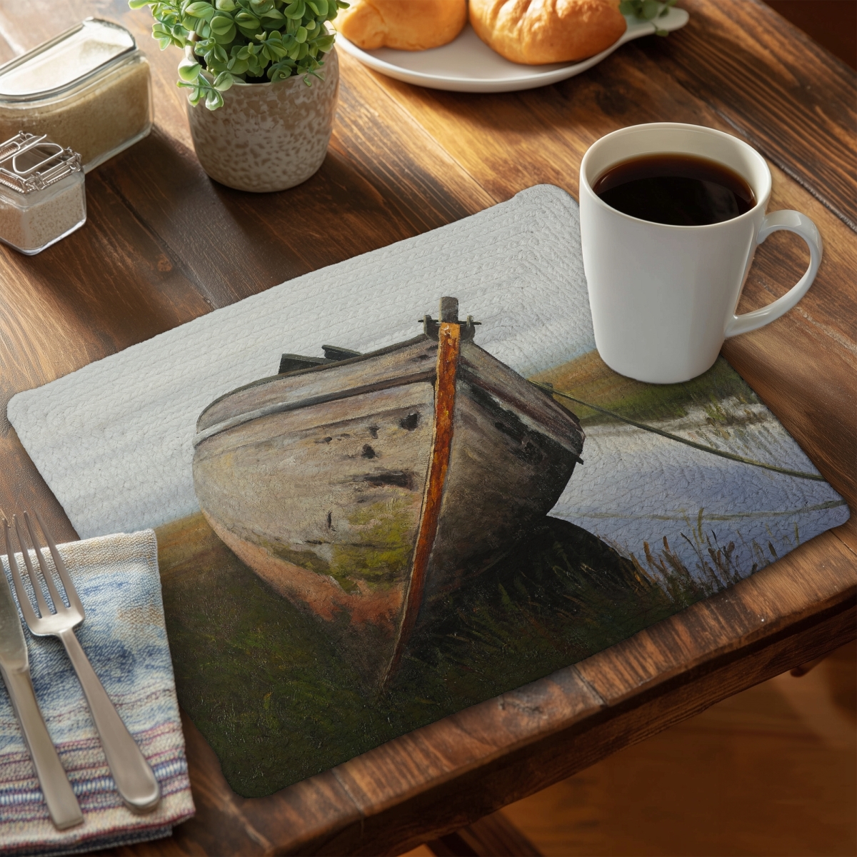 Picture of Begin Home Decor CBPM1418HOWA2L 14 x 18 in. Brown Contemporary Braided Placemat - Old Abandoned Boat Design