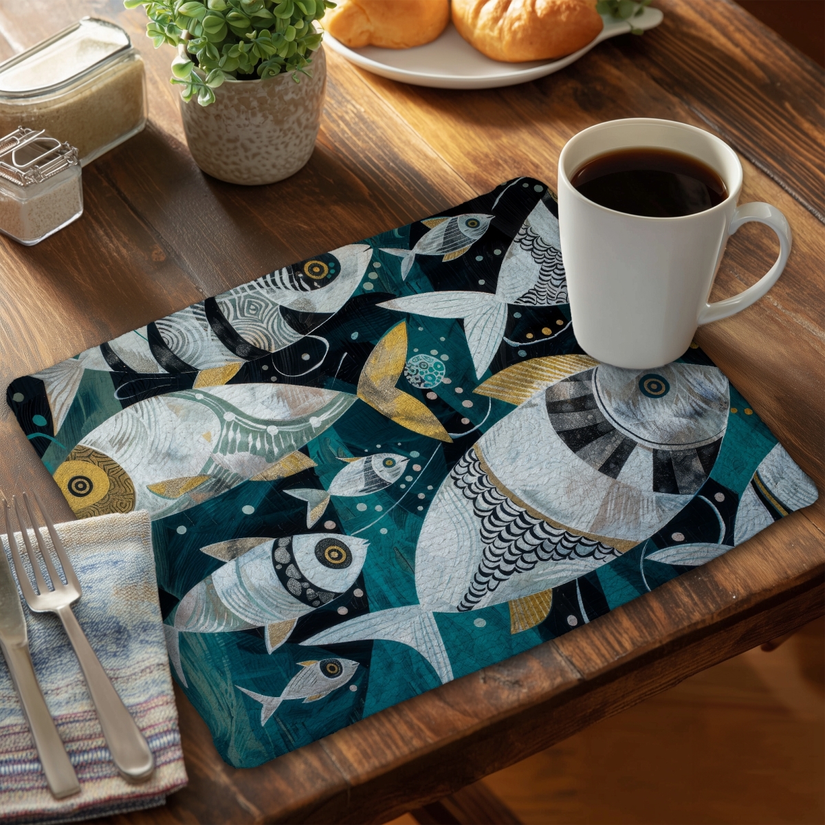 Picture of Begin Home Decor CBPM1418D9G9KD 14 x 18 in. Blue Braided Polyester Placemat - School of Fish Home Decor