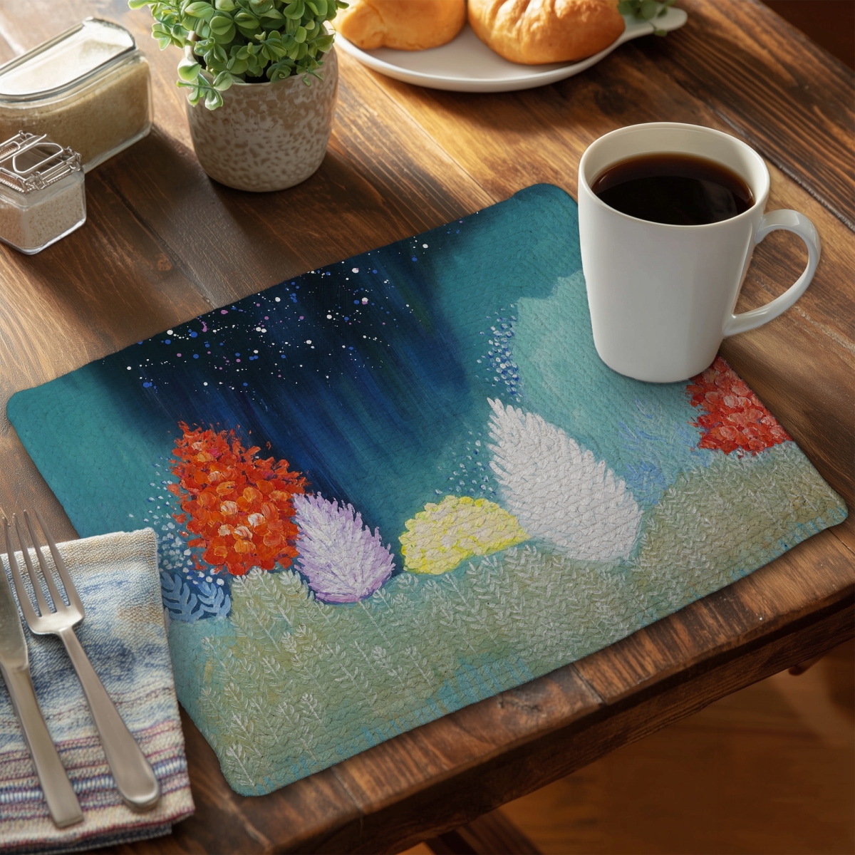 Picture of Begin Home Decor CBPM1418AL2EQ6 14 x 18 in. Blue Bedroom Braided Polyester Placemat - Mysterious Trees