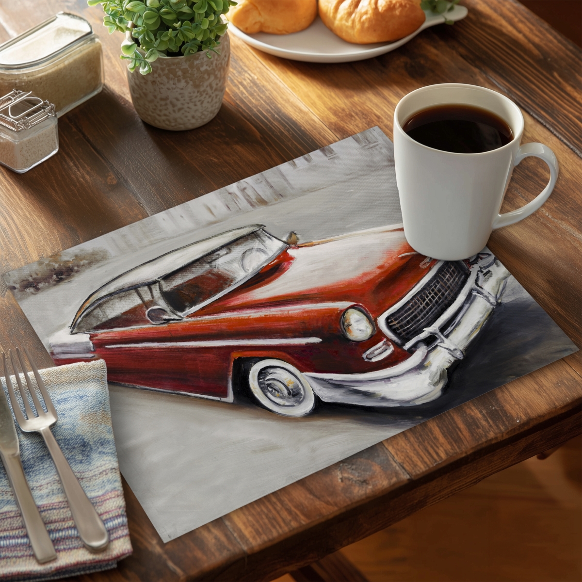 CPPM1418YVH005 14 x 18 in. Vintage Classic Car Red Polyester Placemat - Home Decor