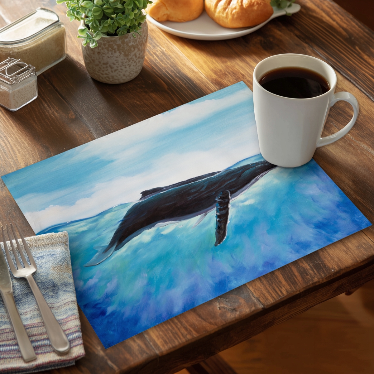 Picture of Begin Home Decor CPPM1418FYVEQI 14 x 18 in. Blue Whale Marine Blue Placemat - Aquatic Decor Polyester