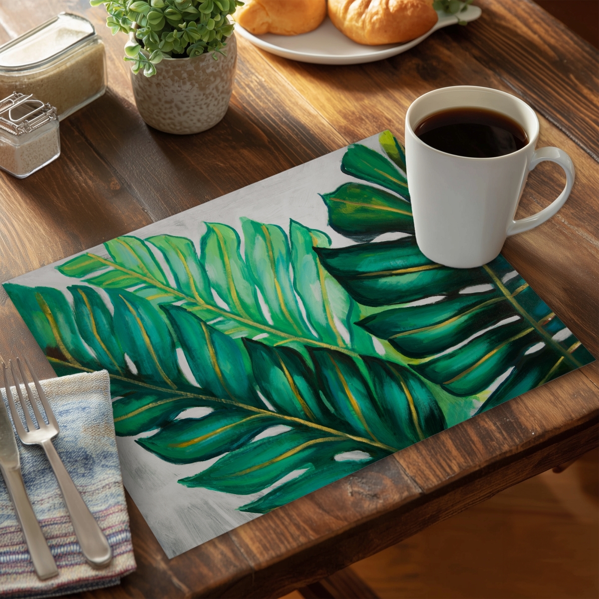 Picture of Begin Home Decor CPPM1418BOOZBV 14 x 18 in. Floral Exotic Bedroom Placemat - Three Big Plant Leaves Decor