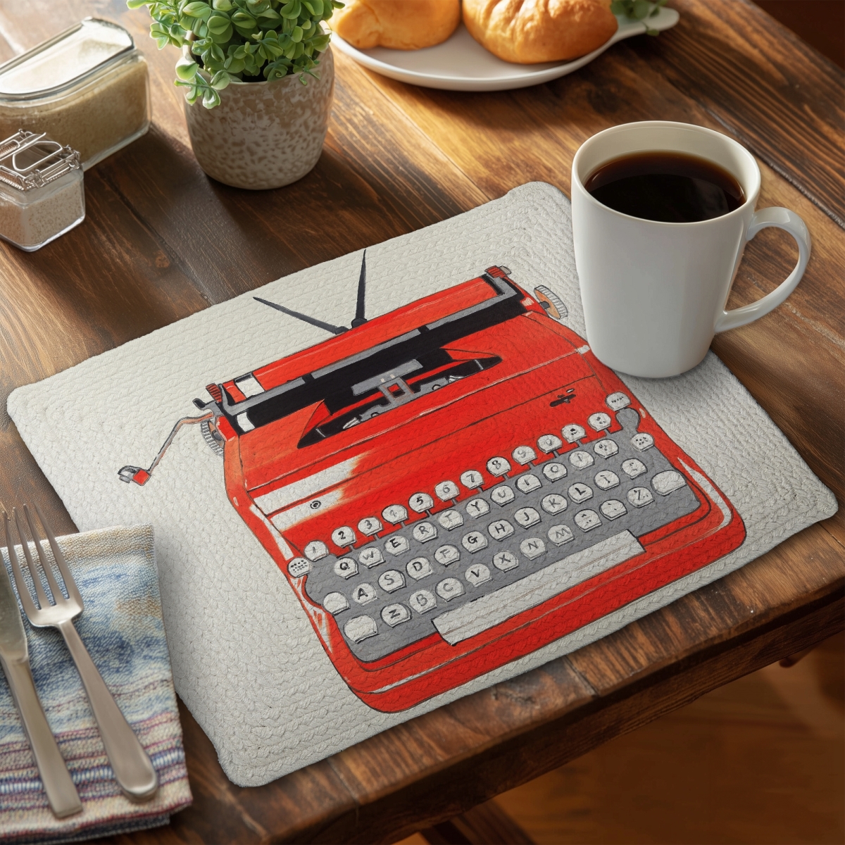 Picture of Begin Home Decor CBPM1418I3XRDE 14 x 18 in. Red Typewriter Machine Braided Polyester Placemat - Bedroom Decor