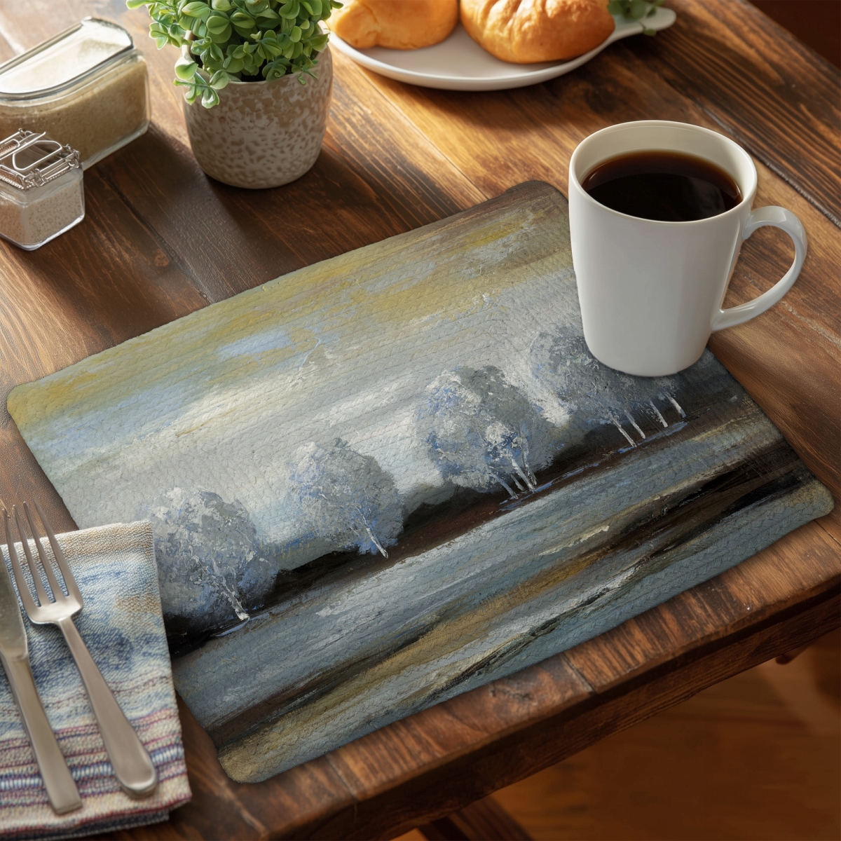 Picture of Begin Home Decor CBPM1418V4OK4I 14 x 18 in. Gray Landscape Blue Braided Placemat - Trees Home Decor