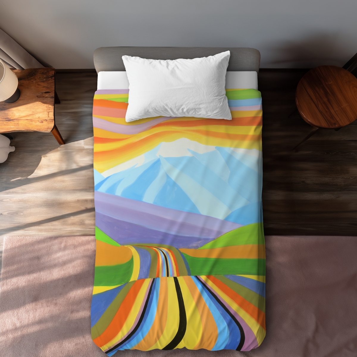 C1DCTXLWABO7O4 Mountain Road Multi Colored Yellow Twin Size Extra Long Duvet Cover - Home Decor