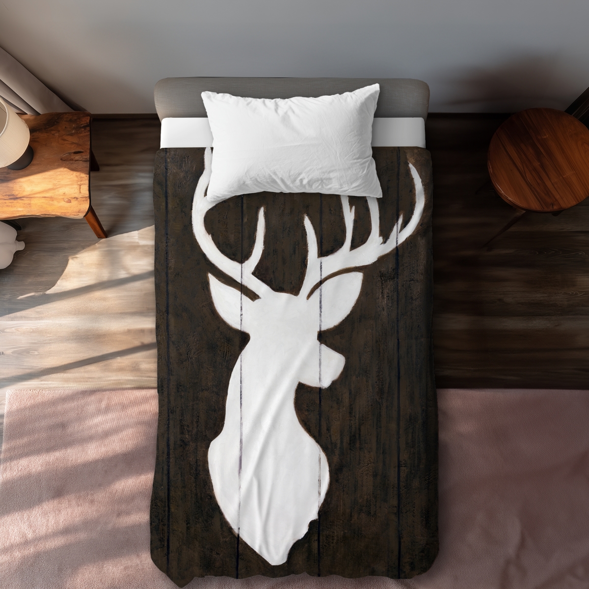 C1DCTXLWAO09N2 White Silhouette Deer Twin Size Extra Long Duvet Cover - Rustic Bedroom Decor