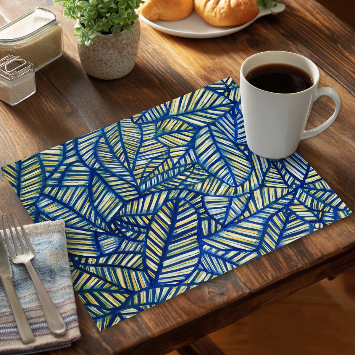 Picture of Begin Home Decor CPPM141805GMVO 14 x 18 in. Blue Floral Polyester Placemat - Leaf Pattern Home Decor