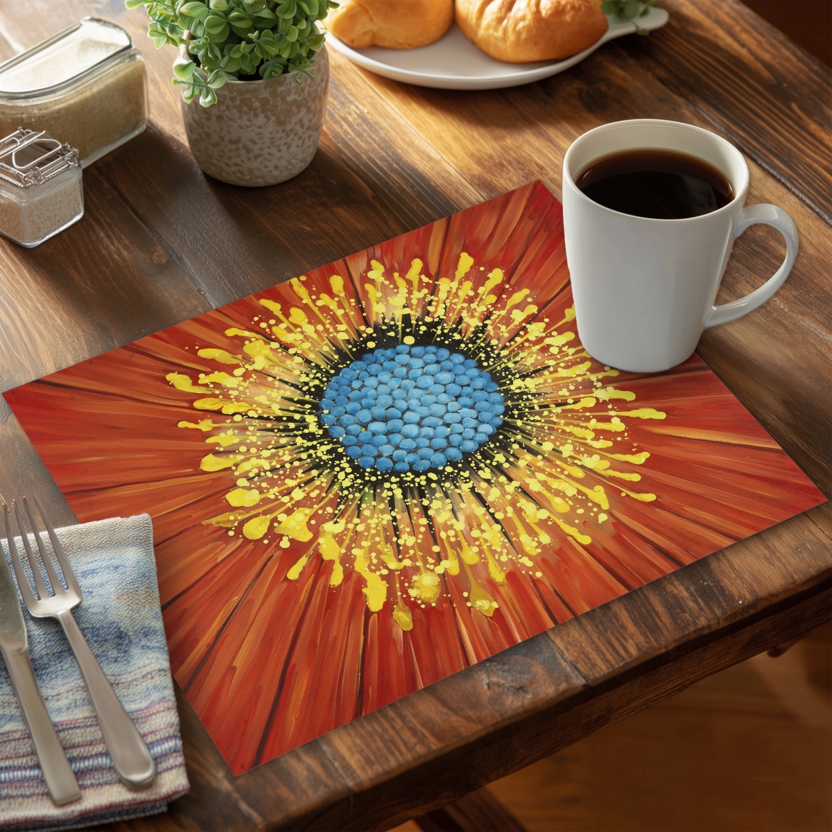 Picture of Begin Home Decor CPPM1418KGAKOK 14 x 18 in. Blue Floral Polyester Placemat - Closeup on A Red Flower Decor