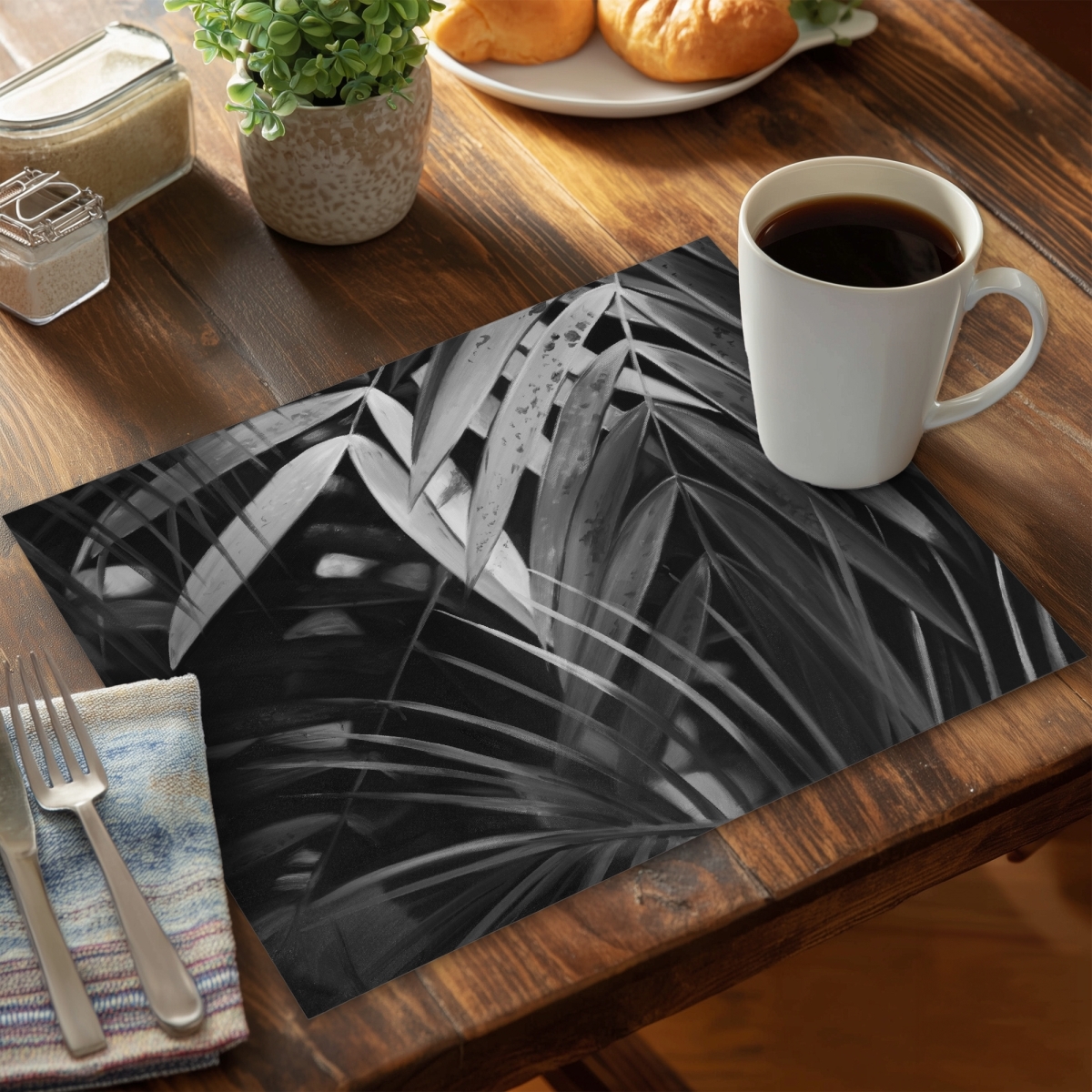 Picture of Begin Home Decor CPPM1418TMJSG9 14 x 18 in. White Botanical Floral Polyester Placemat - Monochrome Leaves