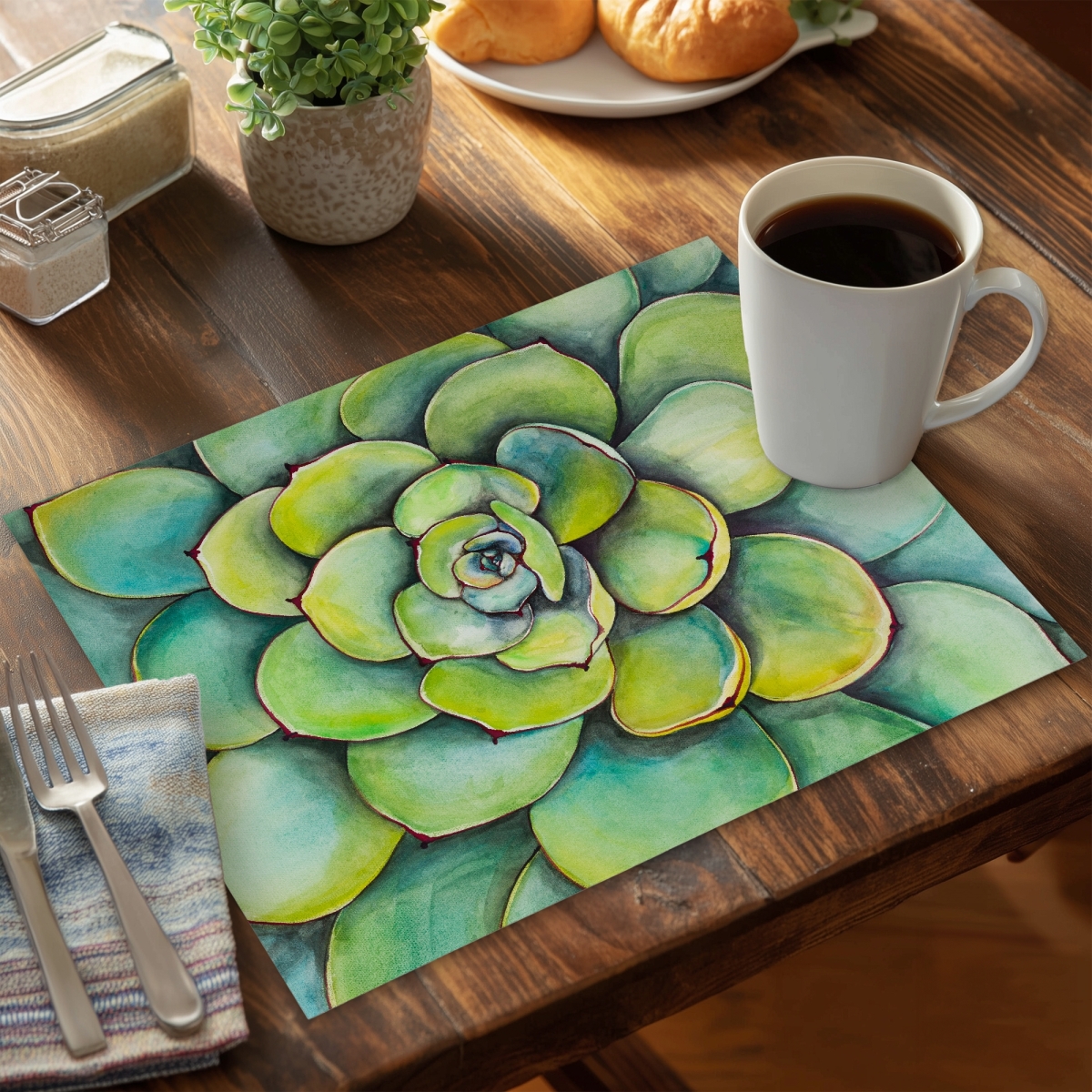 Picture of Begin Home Decor CPPM1418E7Q7XH 14 x 18 in. Exotic Green Watercolor Succulent Placemat - Home Decor