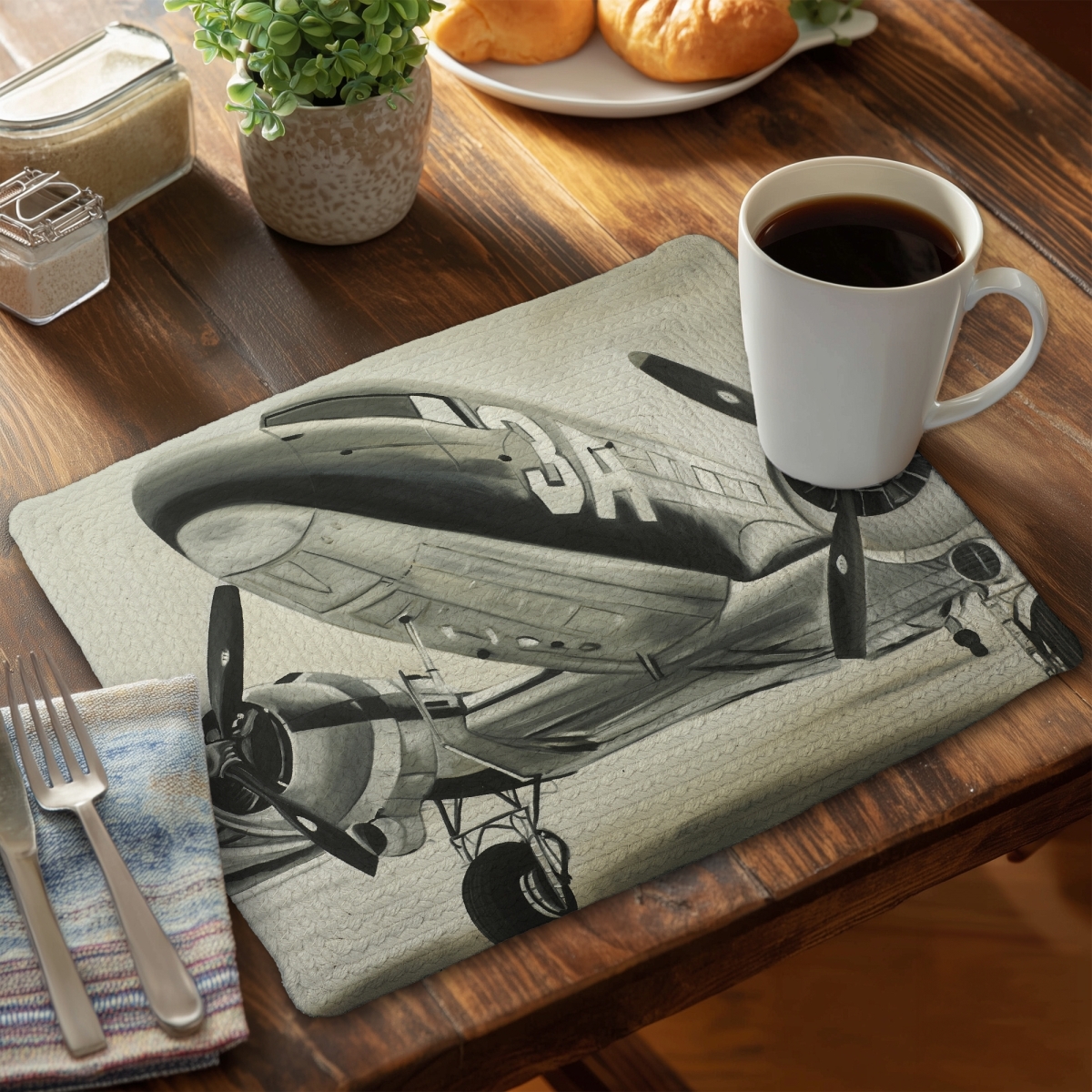 Picture of Begin Home Decor CBPM141831C89O 14 x 18 in. Vintage Airplane Braided Placemat - Aviation Black Home Decor