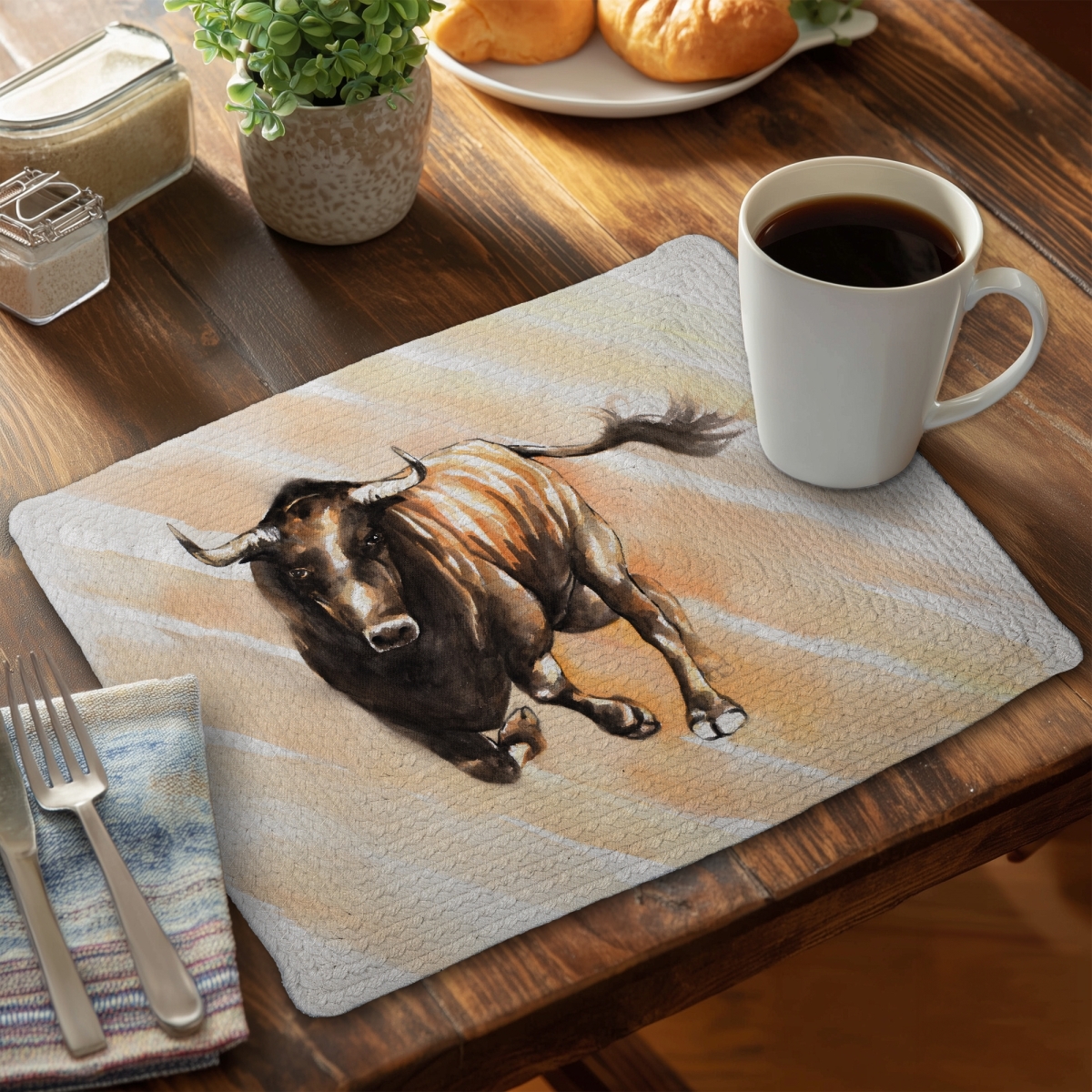 Picture of Begin Home Decor CBPM1418FDCDSI 14 x 18 in. Bull Running Watercolor Rustic Placemat - Animal Bedroom Decor