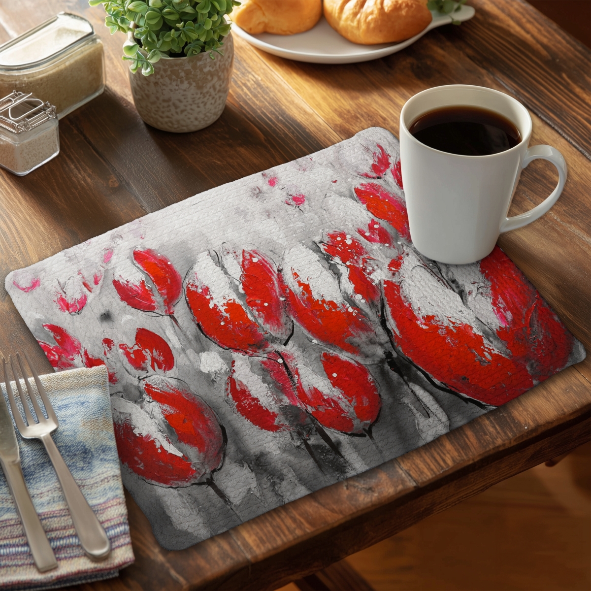 Picture of Begin Home Decor CBPM14185RY9OE 14 x 18 in. White Botanical Braided Placemat - Abstract Red Tulips Decor