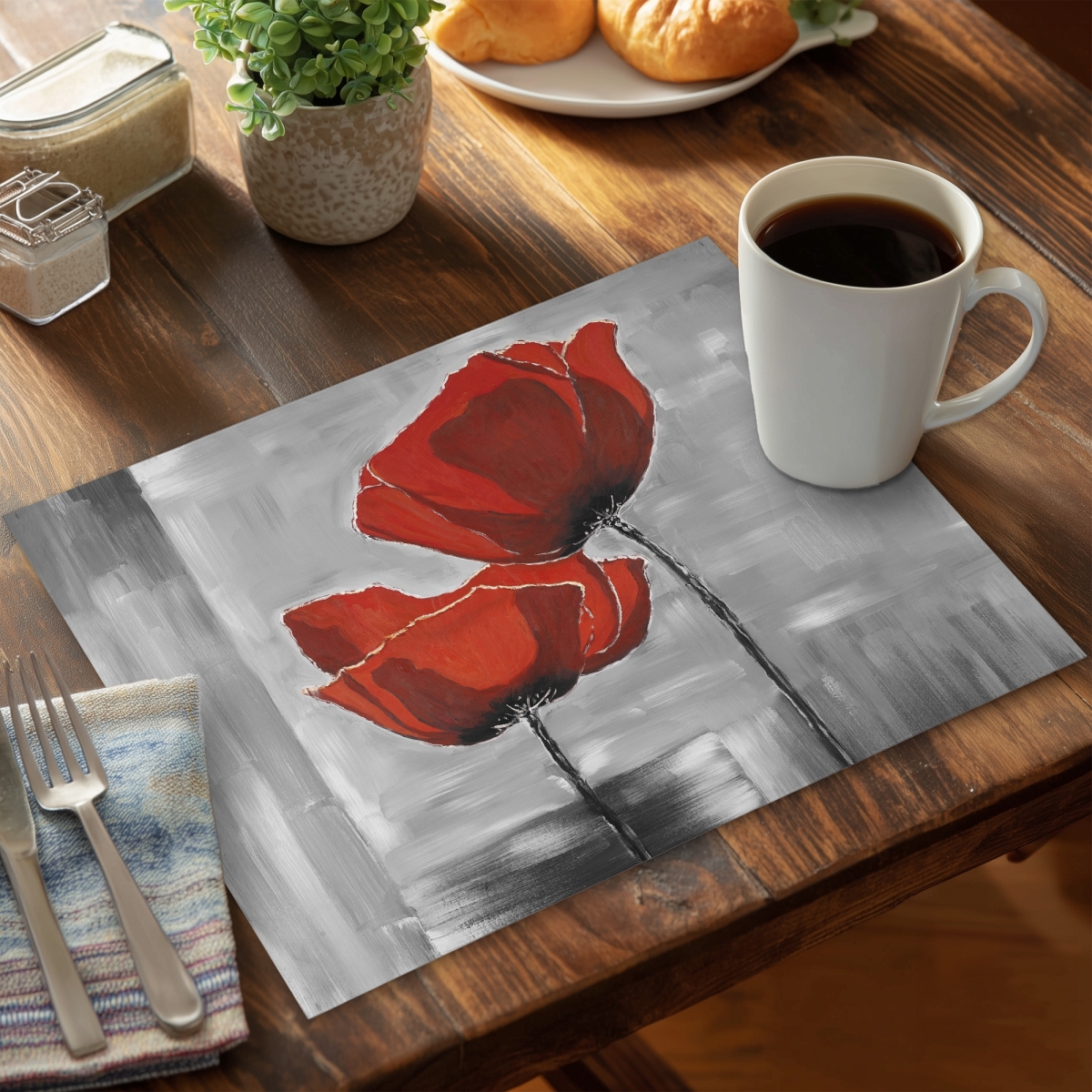Picture of Begin Home Decor CPPM1418JT8F1A 14 x 18 in. Gray Floral Polyester Placemat - Two Red Flowers Home Decor