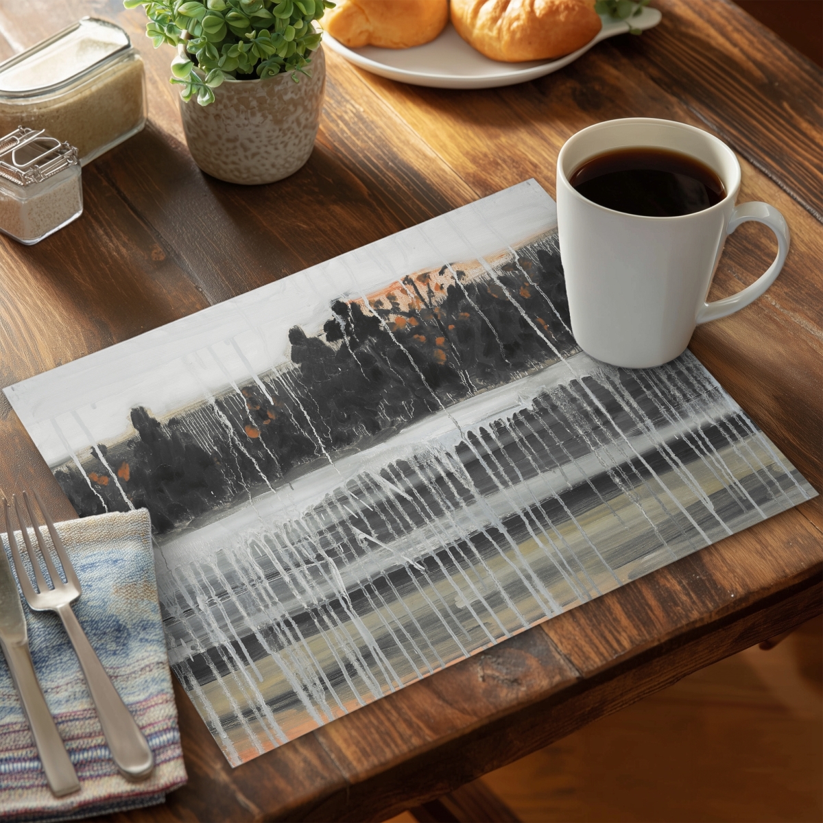Picture of Begin Home Decor CPPM1418BFP6JD 14 x 18 in. Rainy Fall Landscape Gray Trees Polyester Placemat - Home Decor