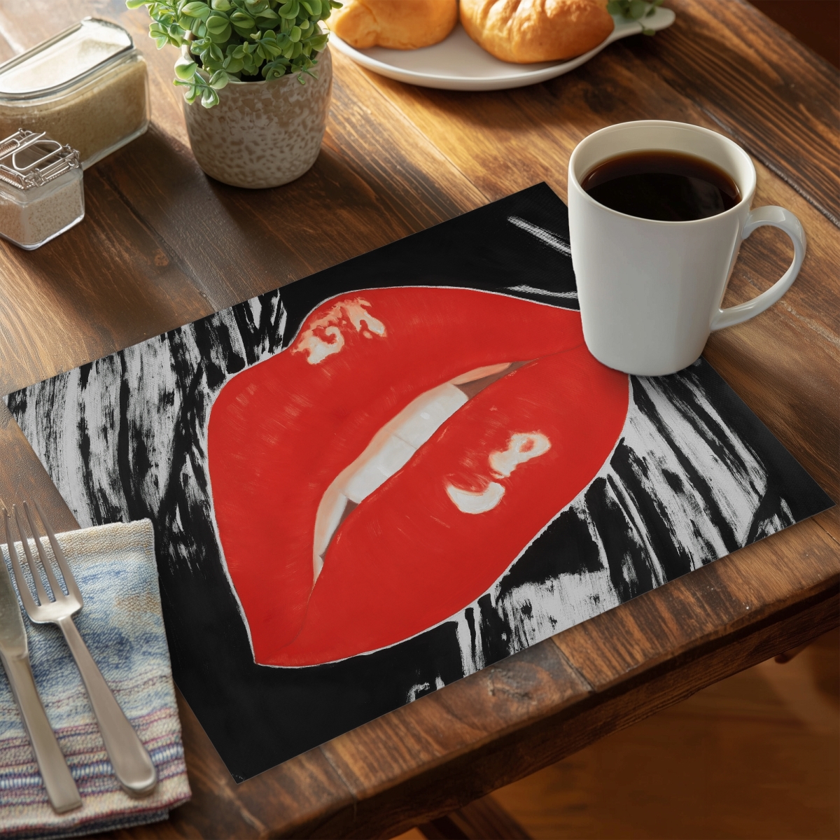 Picture of Begin Home Decor CPPM1418OFT6RA 14 x 18 in. Retro Polyester Placemat - Kissable Lips on Black - Home Decor