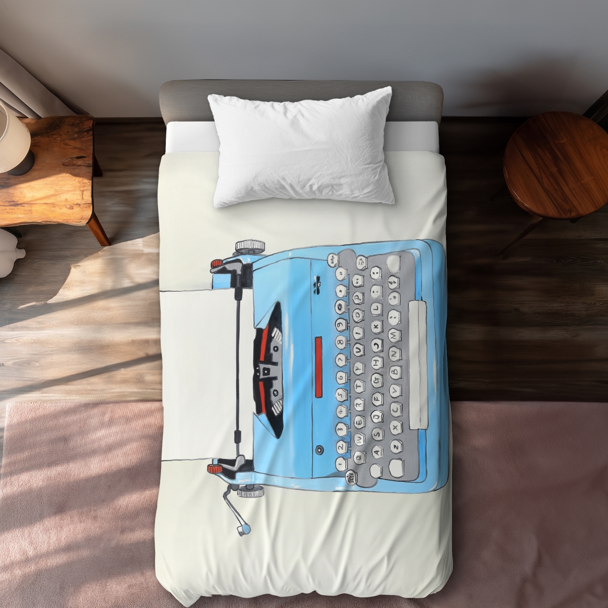 C1DCTXLW34CGG8 Blue Typewriter Machine - Illustrative Beige Twin Size Extra Long Duvet Cover Decor