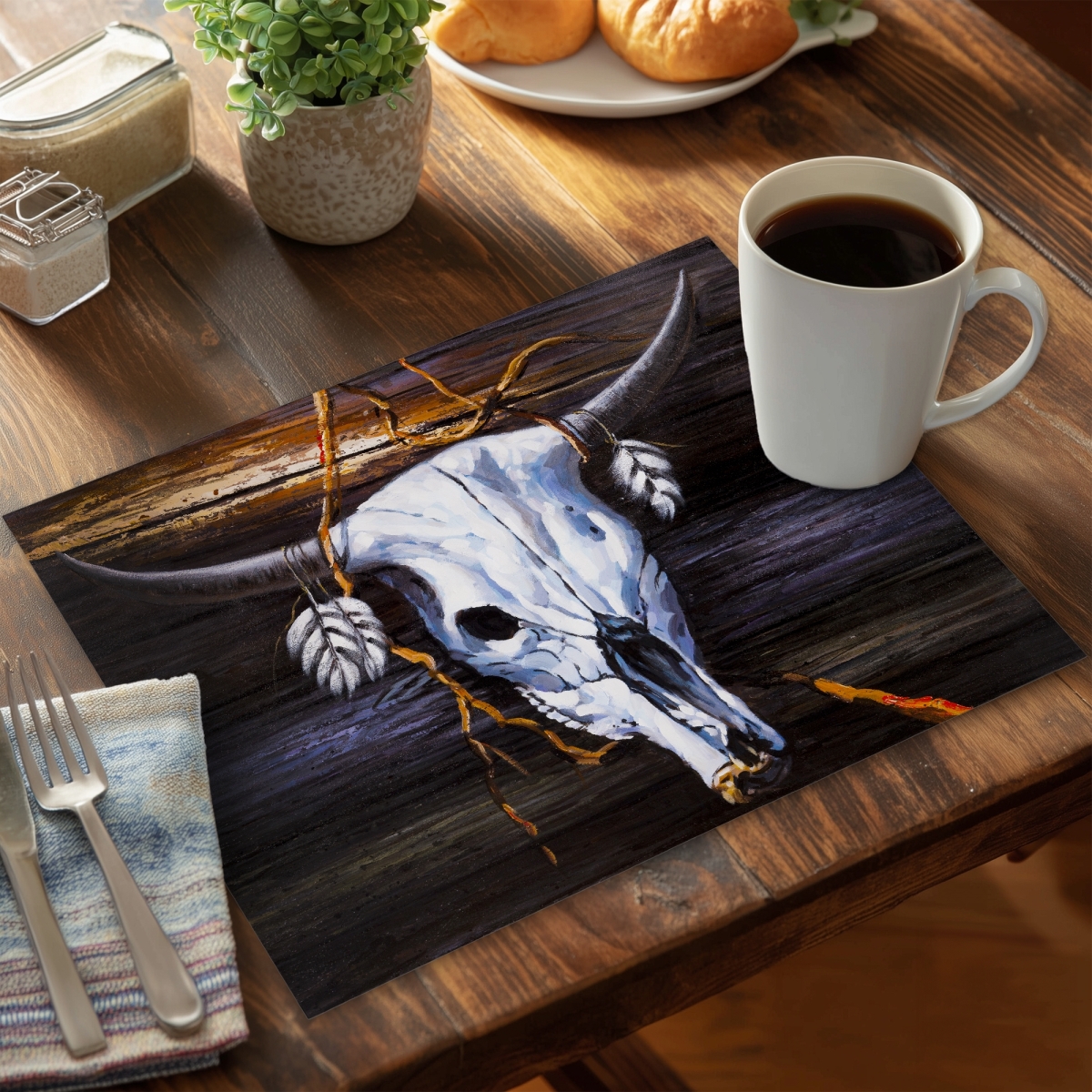 Picture of Begin Home Decor CPPM1418F0DC6W 14 x 18 in. Bohemian Farm Animals Polyester Placemat - Hanged Skull Decor