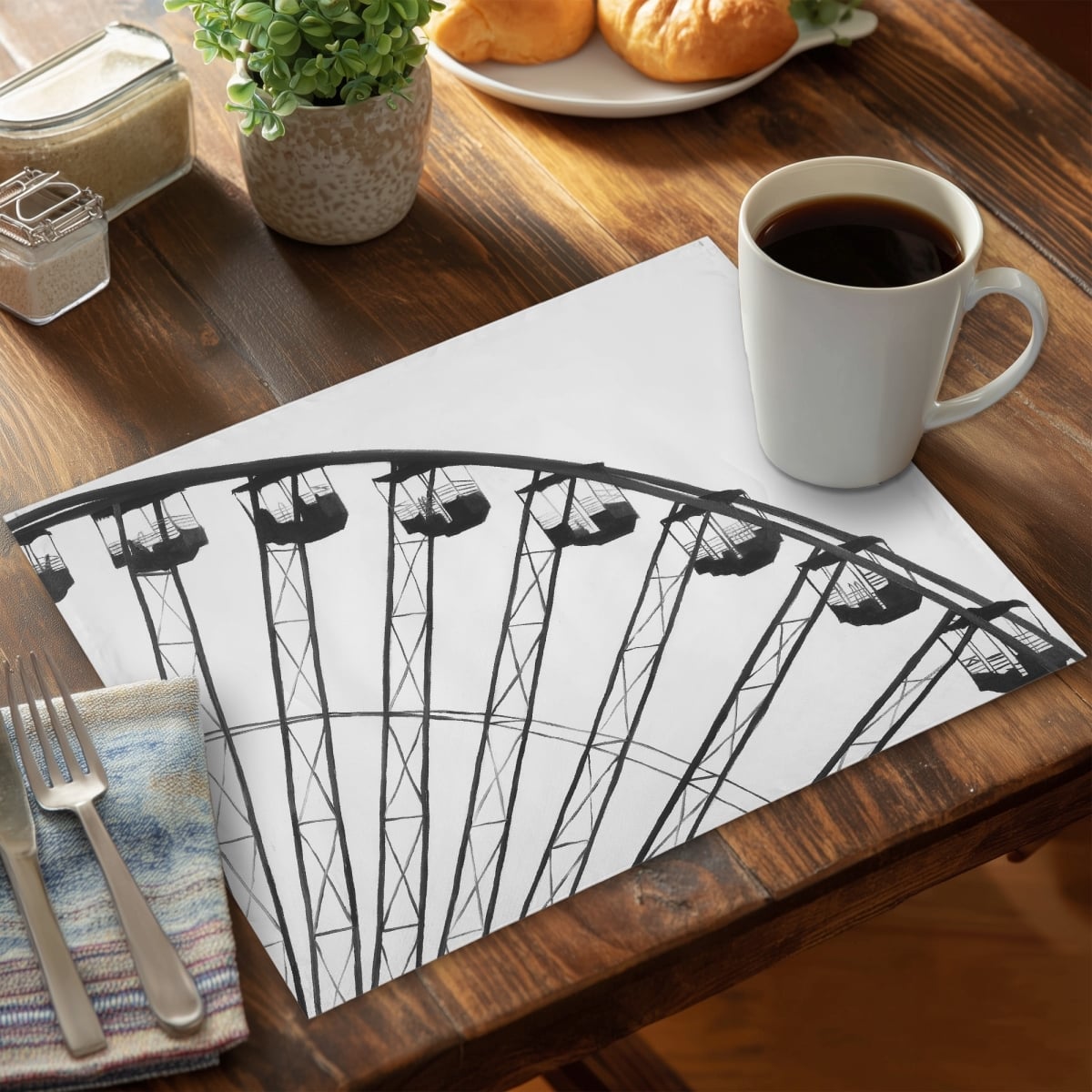 Picture of Begin Home Decor CPPM1418AD1C4B 14 x 18 in. Architecture White Polyester Placemat - Quarter of A Ferris Wheel