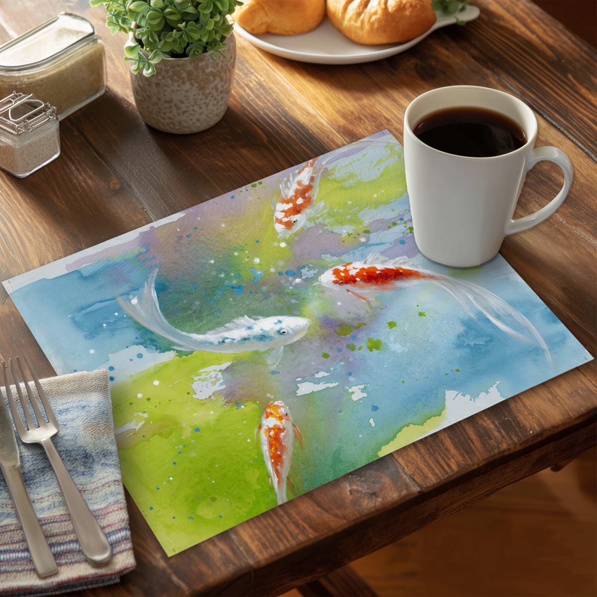 Picture of Begin Home Decor CPPM1418F37YYA 14 x 18 in. Blue Asian Polyester Placemat - Koi Fish Home Decor