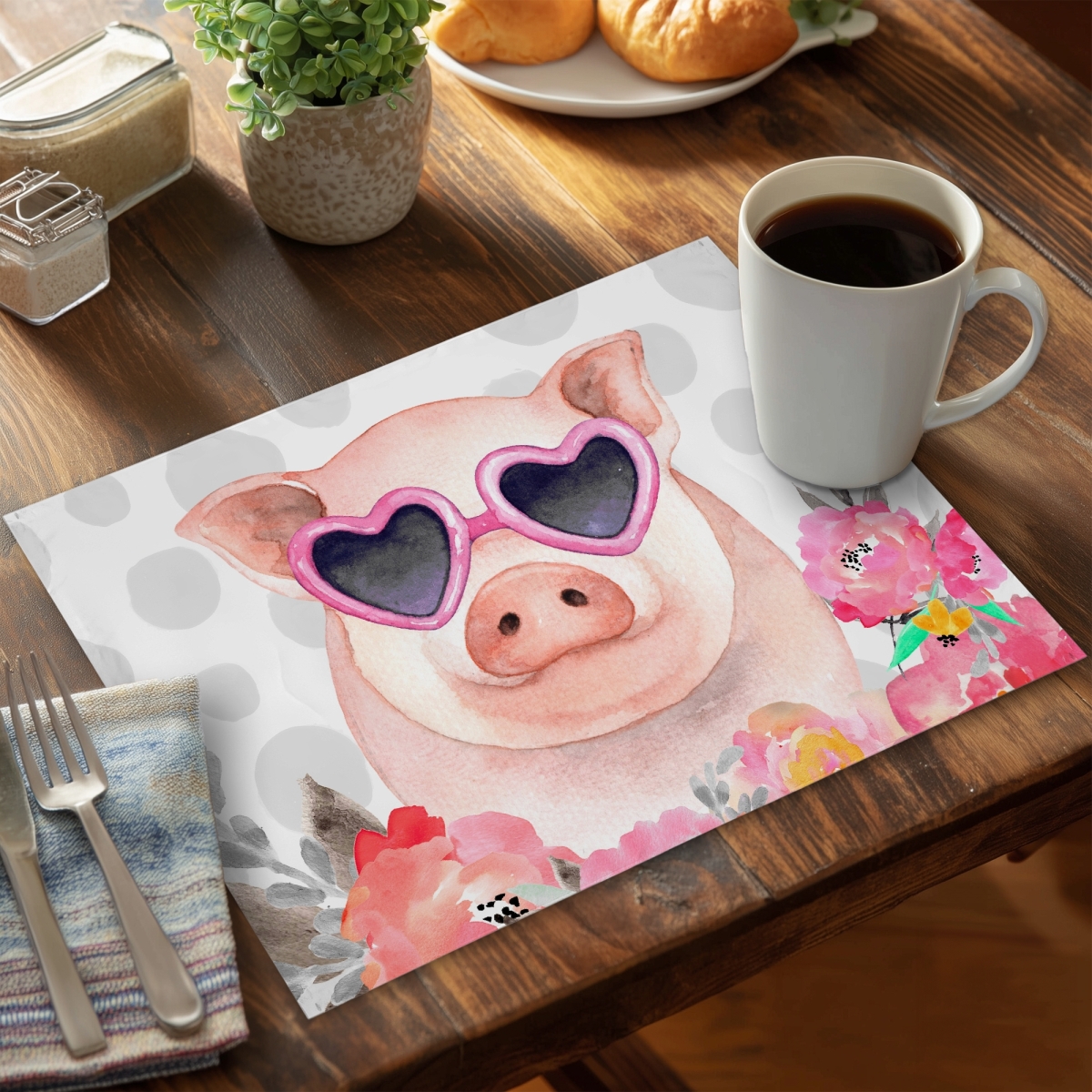 Picture of Begin Home Decor CPPM1418384JFL 14 x 18 in. Little Pig in Love Pink Farm Animals Placemat - Home Decor
