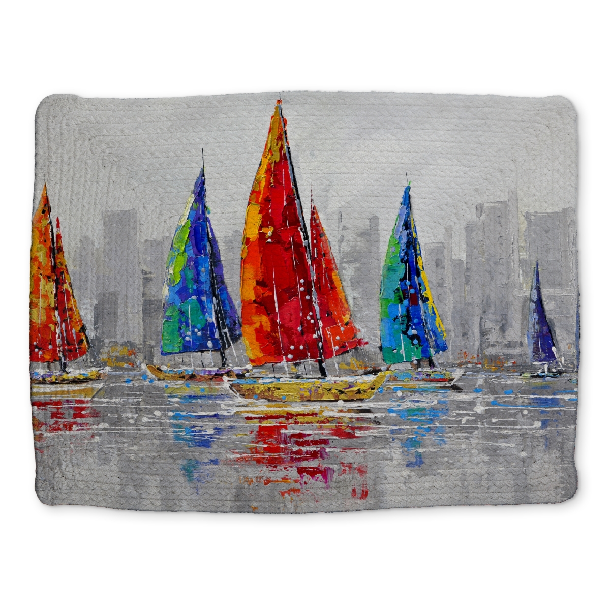 Picture of Begin Home Decor CBPM1418L5LABO 14 x 18 in. Blue Braided Placemat - Colorful Boats - Gray City Design